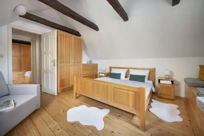 a bedroom with a large bed and a couch at White Swan Boutique Apartments in Prague