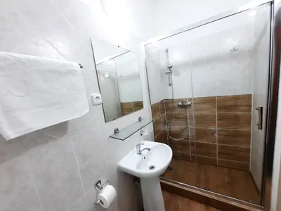 a bathroom with a sink and a shower with a mirror at Pension City Center in Prague