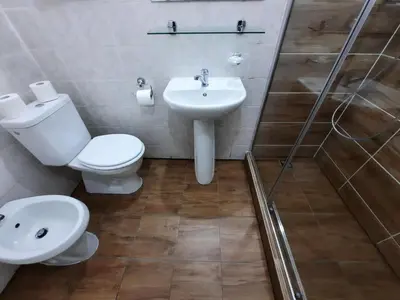 a bathroom with a toilet and a sink and a shower at Pension City Center in Prague