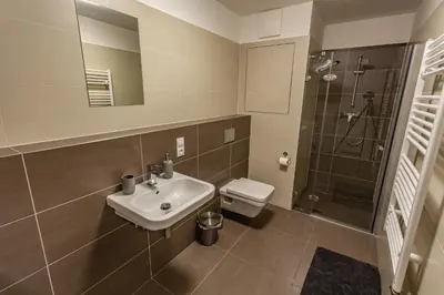 a bathroom with a sink and a toilet and a shower at Spacious Terrace Apartment with free private parking in Prague