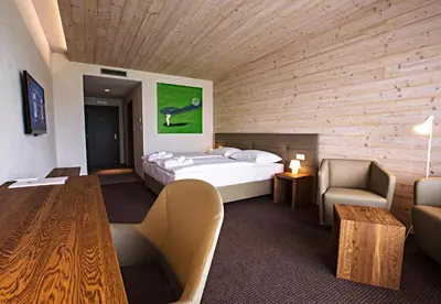a hotel room with a bed and a couch and chair at Sand Martin in Mladá Boleslav