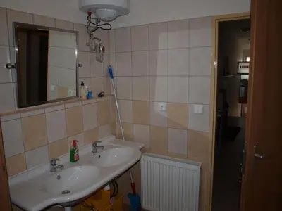 a bathroom with a sink and a mirror at BAILANDO Studio in Neratovice