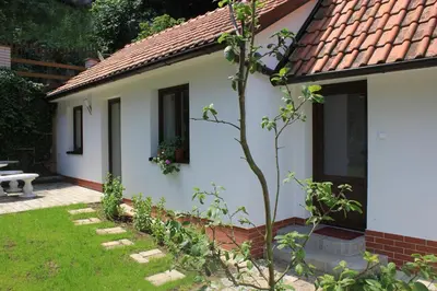 a white house with a small tree in the yard at Domek Praha - Zbraslav, u zámku in Prague