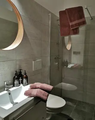 a bathroom with a sink and a toilet and a shower at Apartmány Ve stodole in Roudnice nad Labem