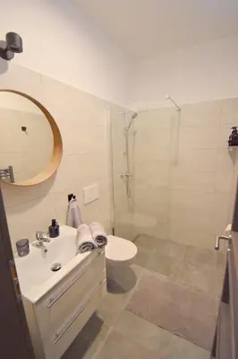 a bathroom with a sink and a toilet and a mirror at Apartmány Ve stodole in Roudnice nad Labem