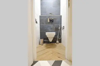 a bathroom with a toilet in the corner of a room at BRANDLY NEW APARTMENT ANDĚL in Prague