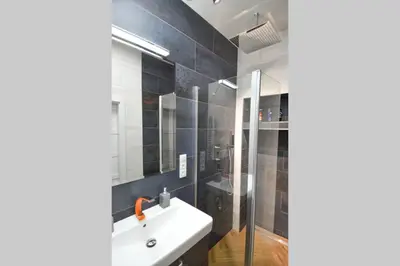 a bathroom with a sink and a shower at BRANDLY NEW APARTMENT ANDĚL in Prague