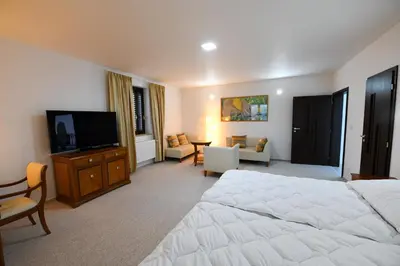 a bedroom with a bed and a flat screen tv at Atrium-Accomm in Řitka