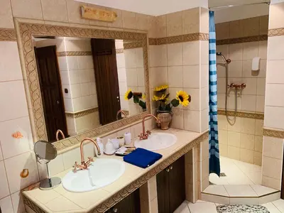 a bathroom with two sinks and a large mirror at Penzion Na Růžku in Sedlčany