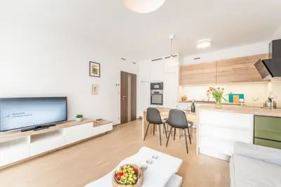 a kitchen and living room with a television and a table at Mozart Central Apartments with garage in Prague