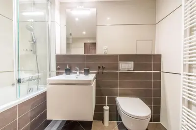 a bathroom with a toilet and a sink and a shower at Mozart Central Apartments with garage in Prague