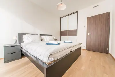 a bedroom with a large bed and a wooden floor at Mozart Central Apartments with garage in Prague
