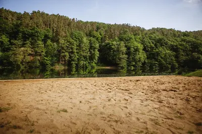 a dirt field next to a river with trees at penzion a kemp Harasov in Vysoká