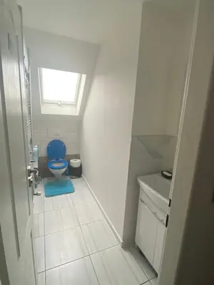 a bathroom with a blue toilet and a window at Homestay U Hanky in Zdiby