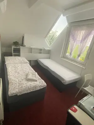 a small bedroom with a bed and a window at Homestay U Hanky in Zdiby