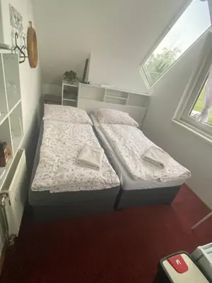 a small bedroom with two beds and a window at Homestay U Hanky in Zdiby
