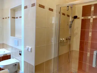 a bathroom with a shower with a toilet and a sink at Valentine's National Museum Apartments in Prague