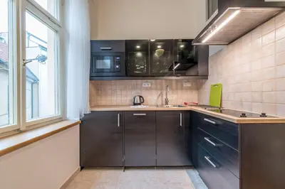a kitchen with black cabinets and a microwave at Prague Locals Monastery Apartments in Prague