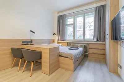 a bedroom with a bed and a desk and a window at Business Studio Andel, 10 min to Centre, NETFLIX, Paid Parking in Prague