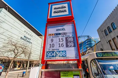 a gas station sign on the side of a street at Business Studio Andel, 10 min to Centre, NETFLIX, Paid Parking in Prague