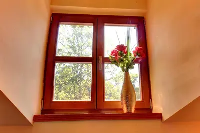 a vase of flowers sitting on a window sill at Štiřínská stodola u Prahy in Kamenice
