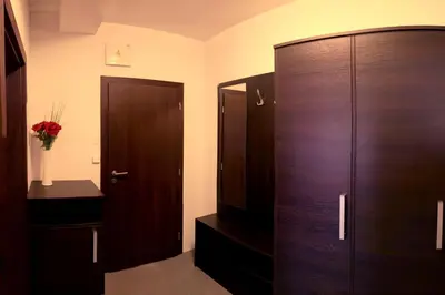 a room with two wooden cabinets and a closet at Štiřínská stodola u Prahy in Kamenice