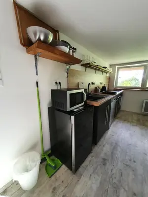 a kitchen with a sink and a microwave at Apartmány Svatá in Svatá