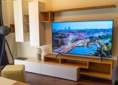 a living room with a large flat screen tv at Krejcarek Garden Apartment in Prague