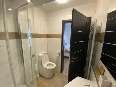 a bathroom with a toilet and a glass door at Penzion U Adama in Karlštejn