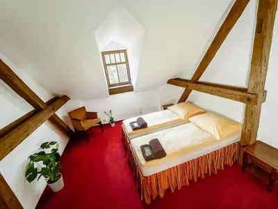 an attic bedroom with a bed and a red carpet at Mlýn Davídkov in Hryzely