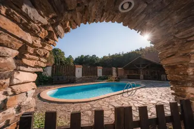 a swimming pool in a stone building with an archway at Mlýn Davídkov in Hryzely