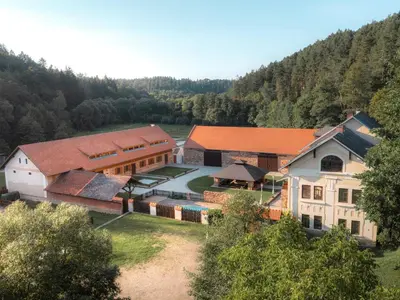 an aerial view of a building in a forest at Mlýn Davídkov in Hryzely