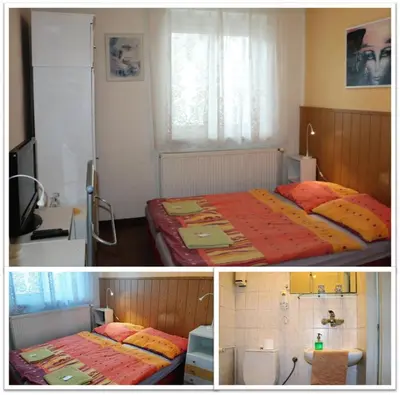 two pictures of a bedroom with a bed and a bathroom at Penzion Bezděkov in Rakovník