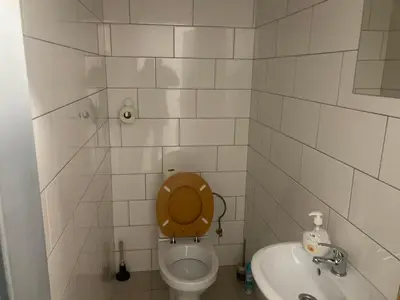 a bathroom with a toilet with a wooden seat and a sink at KuK Račice - pokoj s malou terasou in Račice