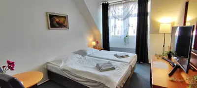 a small bedroom with a bed and a window at Hotel Magnolia in Roudnice nad Labem