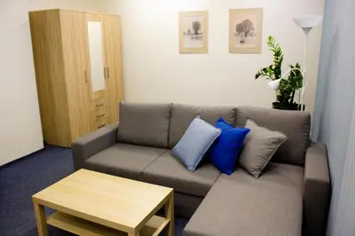 a living room with a gray couch with blue pillows at Blue apartment in beautiful English style garden with atmosphere in Prague
