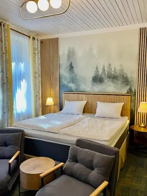 a bedroom with a large bed and two chairs at Penzion Kokorin Forest Villa in Konrádov