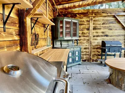 a kitchen with a sink in a wooden cabin at Penzion Kokorin Forest Villa in Konrádov