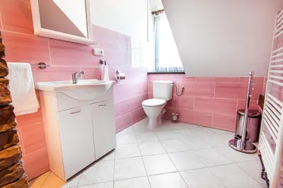 a pink bathroom with a sink and a toilet at Penzion Zlaté Slunce in Chocenice