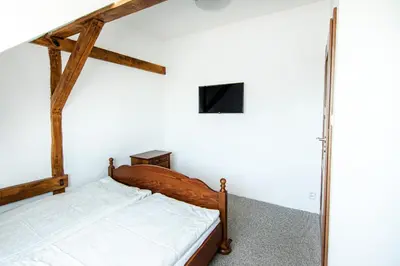 a bedroom with a bed and a tv on the wall at Penzion Zlaté Slunce in Chocenice