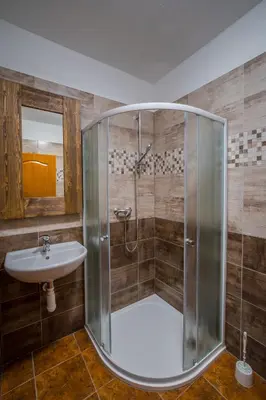 a bathroom with a shower and a sink at Ranch Jestřebice in Heřmaničky