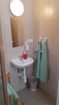 a bathroom with a sink and a mirror at Na samotě u lesa -Rasovna in Mšecké Žehrovice