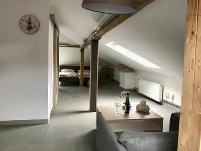a living room with a couch and a bed at Apartmán U babičky in Prague