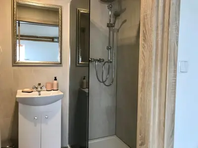 a bathroom with a shower and a sink at Apartmán U babičky in Prague