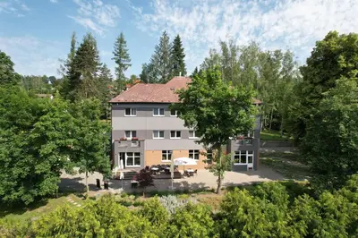 an aerial view of a house with trees at Penzion Harmony Javorník in Čtyřkoly