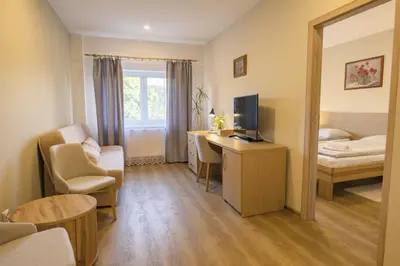 a living room with a desk with a television and a bed at Penzion Harmony Javorník in Čtyřkoly