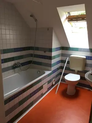 a bathroom with a toilet and a tub and a sink at Apartmán pod Velkou Amerikou in Mořina