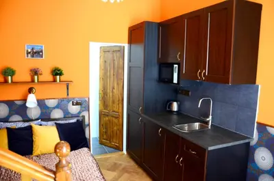 a small kitchen with a sink and a counter at ALLSTAR Vinohrady ateliers in Prague