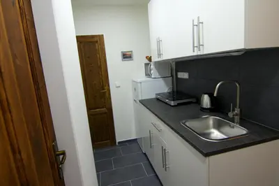 a small kitchen with a sink and a microwave at ALLSTAR Vinohrady ateliers in Prague