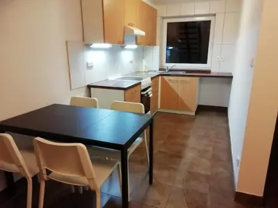 a kitchen with a dining room table and chairs at Apartmány Vinařství Klučov in Lstiboř